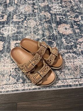Joie Woven Double-Buckle Slide Sandals in Natural Tan